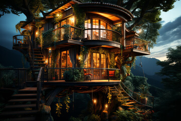 Canvas Print - A cozy treehouse nestled in a vibrant forest. Concept of rustic paradise. Generative Ai.