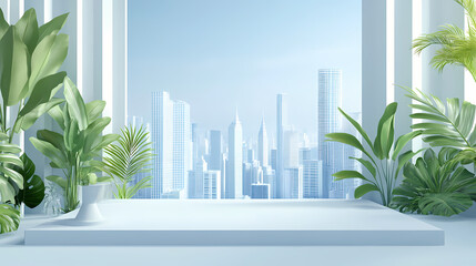 Step into the urban jungle with this sky high theme featuring a captivating cityscape behind the transparent shelves and podium. . . Urban Jungle. Illustration