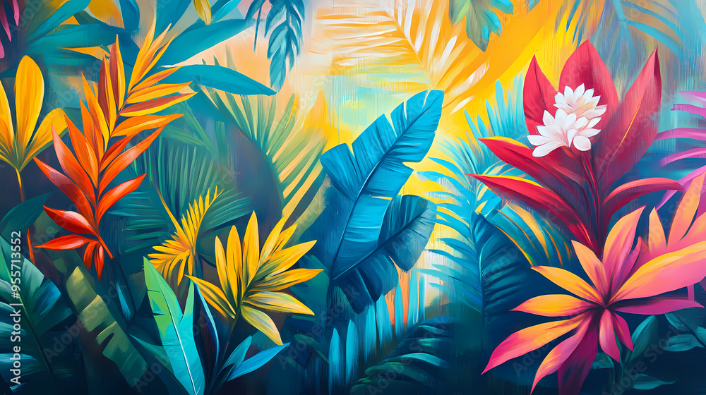 Vibrant tropical jungle mural with colorful abstract nature painting on ...