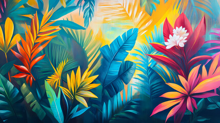 Wall Mural - Vibrant tropical jungle mural with colorful abstract nature painting on a wall. featuring exotic flora and botanical artwork. acrylic paint. and artistic illustration. Urban Jungle. Illustration