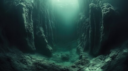 An eerie view of a deep ocean trench with the faint glow of deep-sea creatures illuminating the dark, abyssal waters.