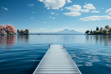 Sticker - A floating dock on a calm, blue lake. Concept of lakeside paradise. Generative Ai.