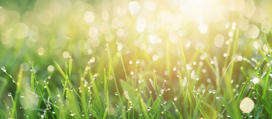 Wall Mural - Blurred Fresh Morning Dew On Spring Grass Natural Background Close Up