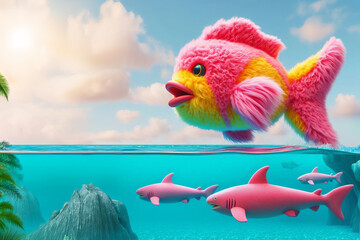 Whimsical scene with stuffed tropical fish in pink and yellow floating above water. Below pink sharks swim. Clear blue sky enhances vibrant, surreal atmosphere,