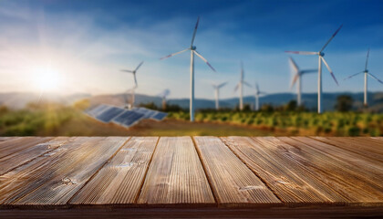 Empty table background of wind turbines on the horizon in a green rural landscape -Alternative renewable green energy
.clean energy day concept