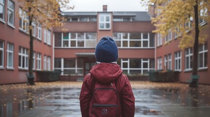 kid standing in front of school