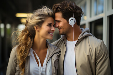 Canvas Print - A couple sharing earphones, listening to music. Concept of enjoying simple pleasures together. Generative Ai.