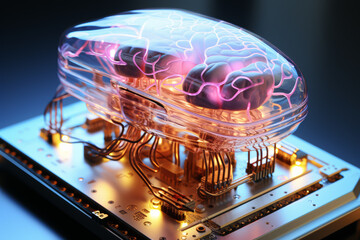 Poster - A human brain connected to a circuit board. Concept of artificial intelligence and human cognition. Generative Ai.