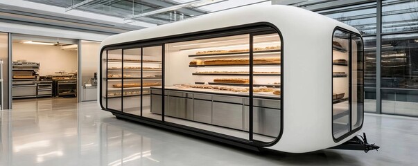 Mobile bakery truck with sleek modern architecture, glass walls, set in a trendy urban space