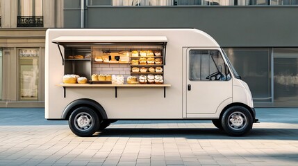 Mobile bakery truck with sleek, minimalist exterior, modern and chic, set in a trendy downtown area