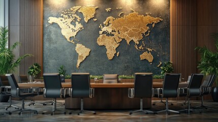 Poster - An international business meeting setup in a modern hotel conference room, featuring a world map and business materials. Plenty of space for messages.