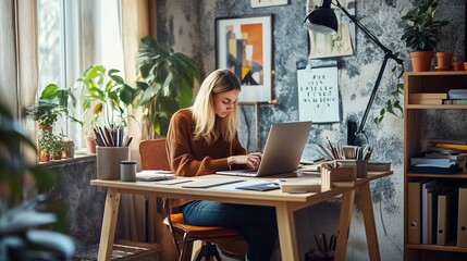 Wall Mural - A young woman focused on her laptop in a cozy home office filled with plants, artwork, and natural light during the day