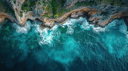 Sticker - Aerial View of a Rocky Coastline with Turquoise Water