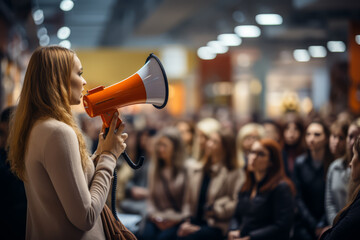 Poster - a speaker captivating their audience with a powerful message, inspiring listeners to take action and