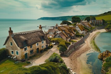 Poster - Coastal Village with Thatched Cottages