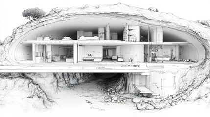 Wall Mural - Blueprint of underground bunker with emergency systems and detailed layouts