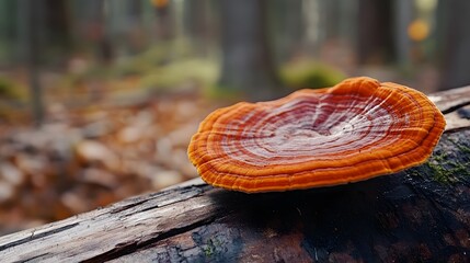 Closeup Of A Red Reishi Mushroom Growing On A Fallen Log In A Forest