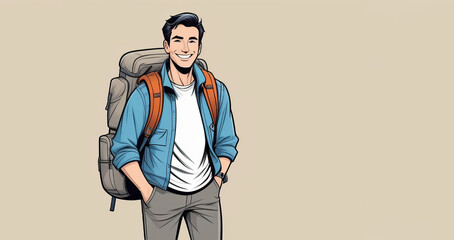 Wall Mural - A man, wearing eyewear, stands with his hands in pockets and backpack on waist