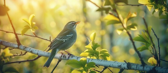 Wall Mural - Chloris Chloris Bird On The Birch Tree Branch At Spring Time