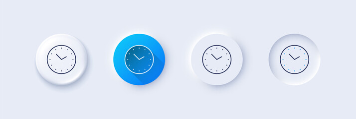 Wall Mural - Time management line icon. Neumorphic, Blue gradient, 3d pin buttons. Clock sign. Watch symbol. Line icons. Neumorphic buttons with outline signs. Vector