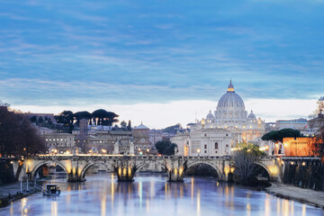 The River Tiber Flowing Under A Bridge At Twilight In Rome, Italy With A View Of Saint Peter's Basilica In The Background. Rome, Italy - 29.12.2021