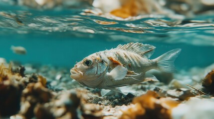 Poster - A dead fish lies on the sandy shore, surrounded by plastic debris and oil slicks, highlighting severe marine pollution and habitat destruction. Generative AI