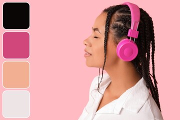 Poster - Cool African-American woman listening to music on pink background. Different color patterns