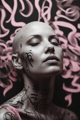 Bald woman fashion model posing in the studio. Calligraphy on the face of a young girl body art on a black and pink background