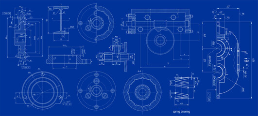 Poster - Vector engineering drawing of steel mechanical 
parts with through holes. 
Industrial cad scheme on white paper sheets. 
Technology background.