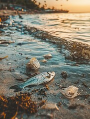 Aufkleber - A dead fish lies on the shore, surrounded by plastic debris and oil spills, illustrating the severe impact of pollution on marine life. Generative AI