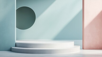 Canvas Print - Modern minimalist interior featuring circular design elements and soft pastel colors in a well-lit space