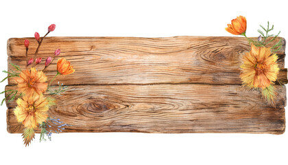 Wooden panel with autumn flowers, isolated on transparent background