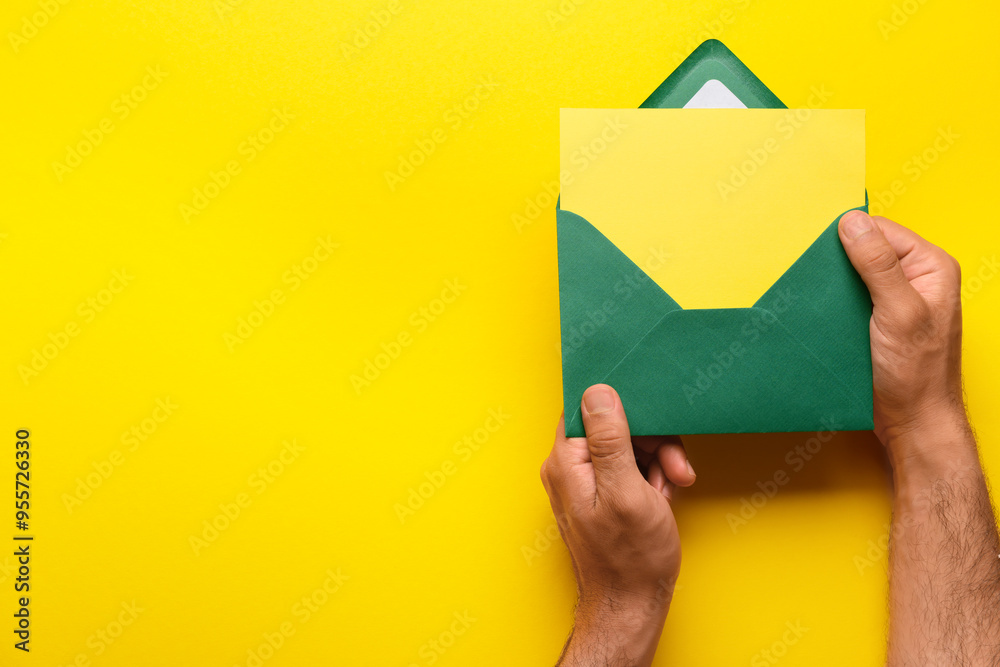 Male hands with envelope and blank card on yellow background, closeup