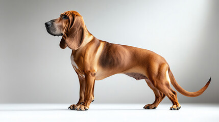 Side profile of a Bloodhound, showcasing its large frame, wrinkled face, long ears, and strong build, with a stark white background, on pure white background, high dept of field