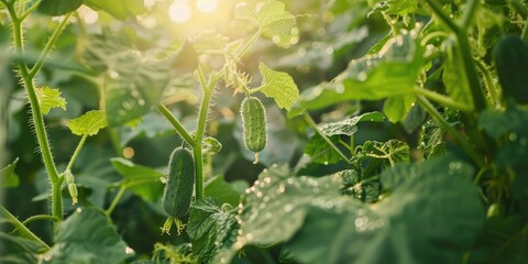 Wall Mural - Daylight shot of cucumber plants in a lush garden