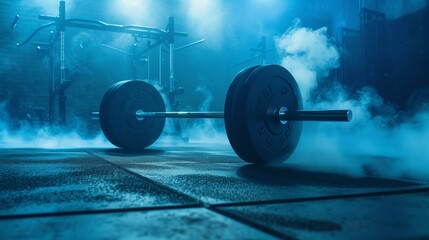 weight bar in a gym with smoke and blue light