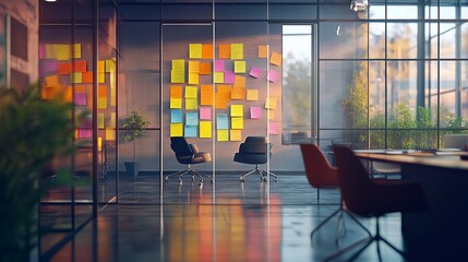 Poster - a modern office workspace featuring colorful sticky notes on the wall, two chairs, and a conference 
