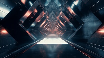 Poster - A futuristic corridor with reflective metallic surfaces and glowing lights at a high-tech facility during a serene moment