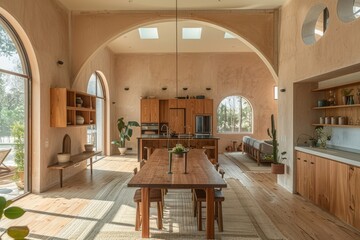 A large open living room with a long wooden dining table and chairs