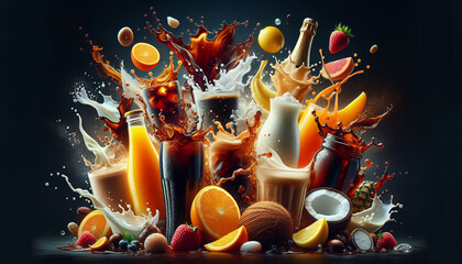 vibrant, splash, beverages, fruits, mid-air, dynamic, energetic, colorful, drinks, motion, frozen, mix, textures, lively, composition, visual, scene, fresh, liquid, pour, juicy, refreshing, summer, co