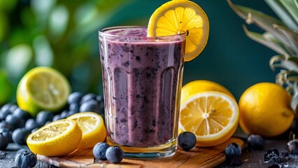 A refreshing blueberry smoothie garnished with a lemon slice, surrounded by fresh lemons and blueberries.