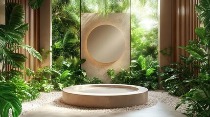 Sticker - tropicalinspired product display setting lush green leaves framing central podium soft lighting earthy tones minimalist design nature meets luxury