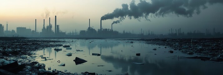 Poster - A dense layer of smog obscures a modern city, reflecting industrial pollution while plastic floats in a tainted river. Generative AI