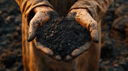 Wall Mural - Close-up of muddy hands holding a handful of rich soil.