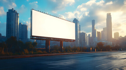 A blank billboard in an urban landscape at dawn.