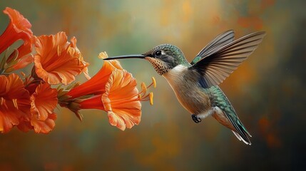 vibrant hummingbird hovering near a bright orange trumpet flower wings blurred in motion capturing its grace and agility