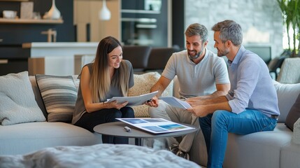 Collaborative meeting among three professionals discussing project designs in a modern living space during the afternoon