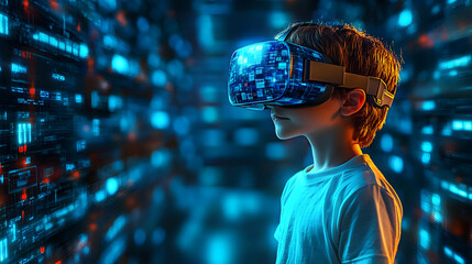 A child wearing a VR headset in a futuristic digital environment.