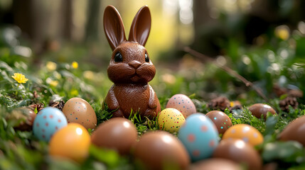 Wall Mural - A chocolate bunny surrounded by colorful Easter eggs in nature.