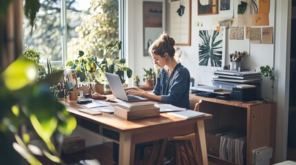 Wall Mural - A woman focused on her laptop in a cozy home office filled with plants and natural light during the afternoon